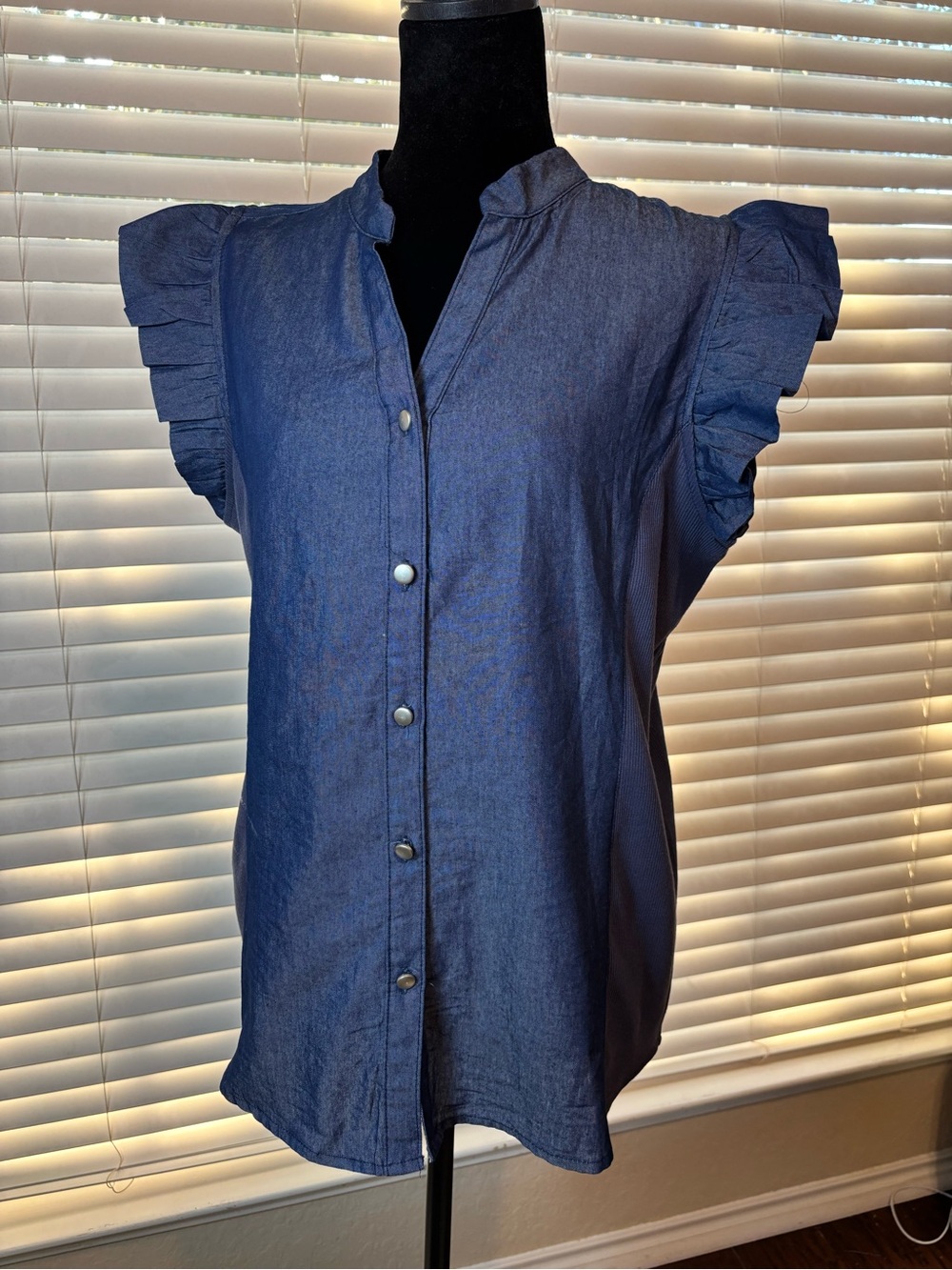 NY Collection Blue Ruffle-Sleeve Button Front Top
